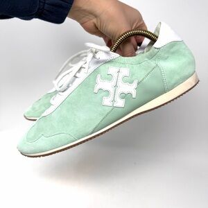 Tory Burch Double T Trainer Sneakers White and Mint Green Soft Suede Retro Vibe